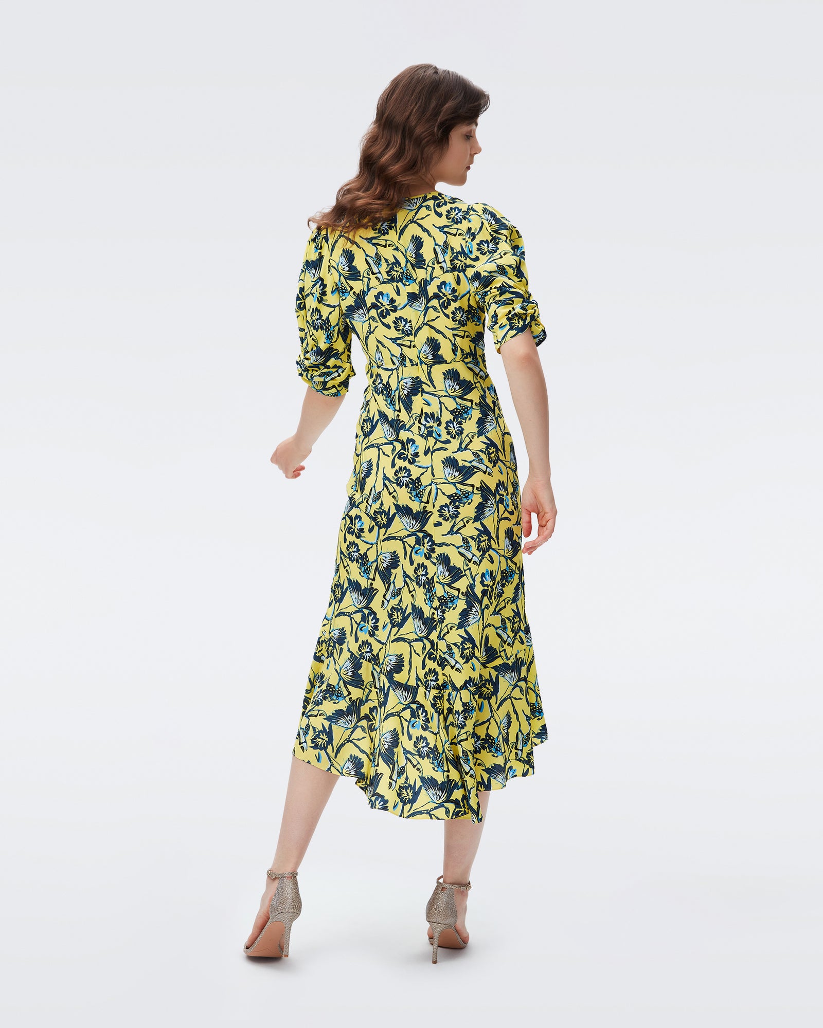 DVF tati dress in butterfly floral signature yellow