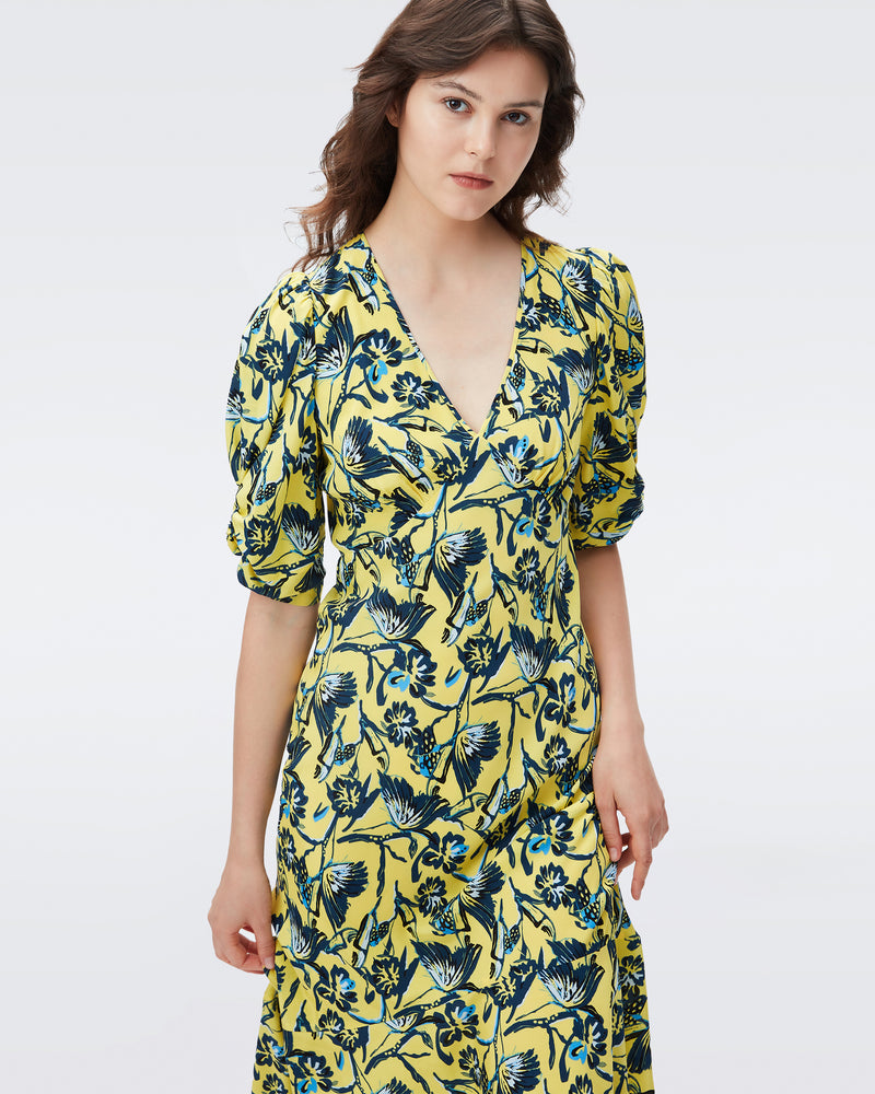 DVF tati dress in butterfly floral signature yellow