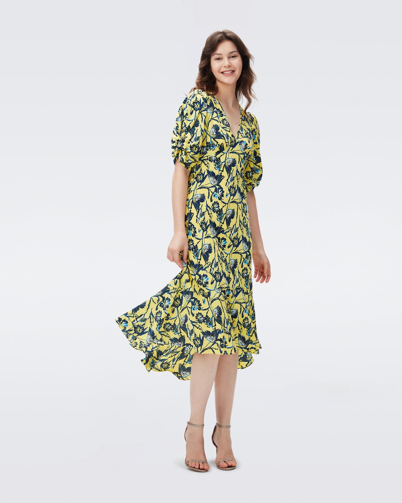 DVF tati dress in butterfly floral signature yellow