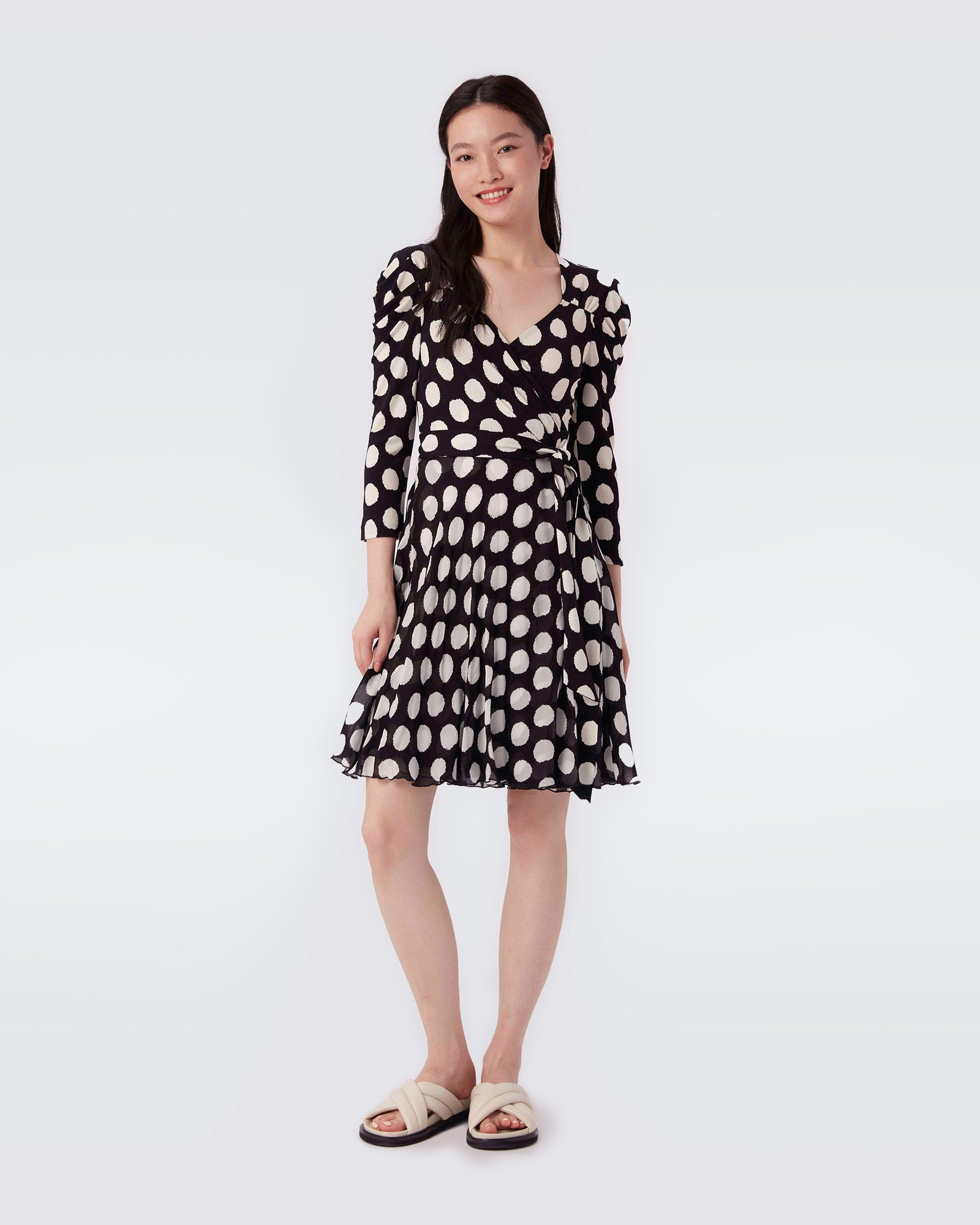 Saturn Wrap Dress In Black Abstract Dot