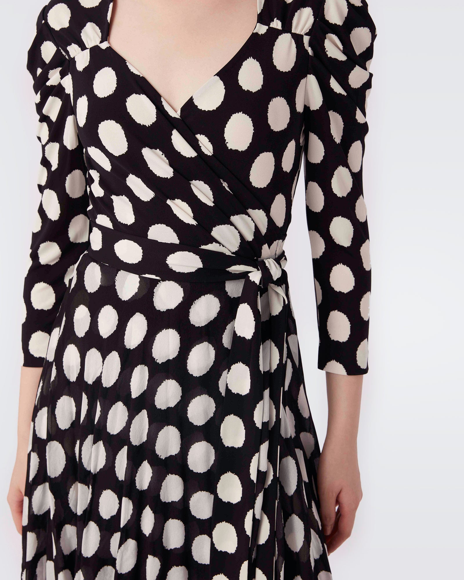 Saturn Wrap Dress In Black Abstract Dot