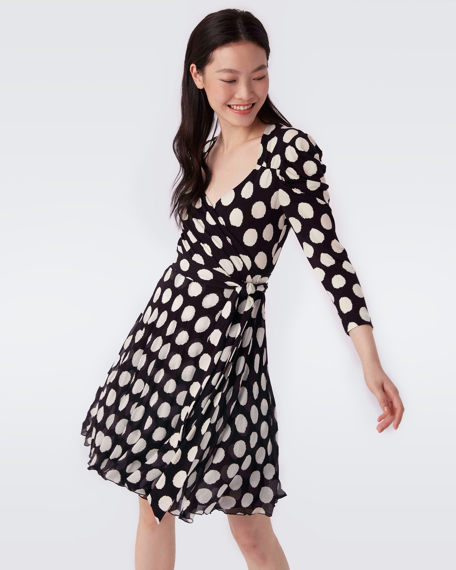 Saturn Wrap Dress In Black Abstract Dot