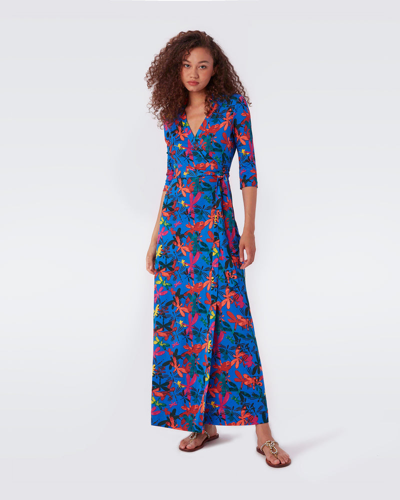 DVF Abigail Silk Jersey Maxi Wrap Dress in Deep Blue Libellule