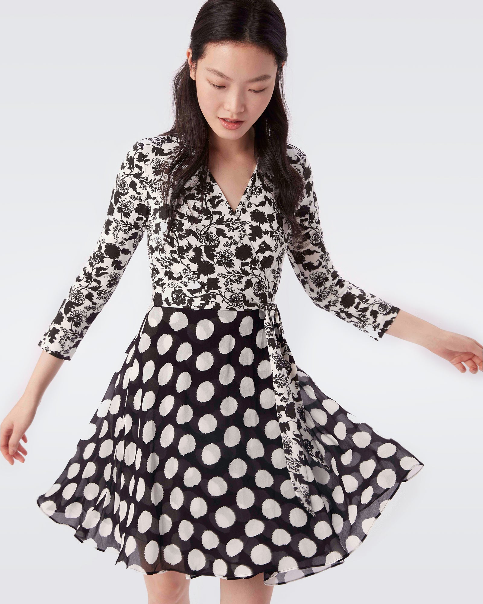 DVF Irina Silk-Jersey & Chiffon Wrap Dress in Begonia Leaves & Abstract Dot _Front