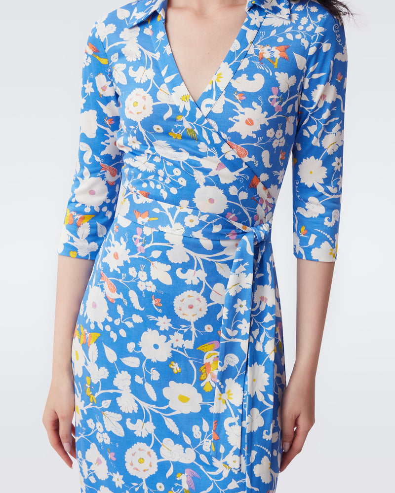DVF Abigail Silk Jersey Blue Floral Print Midi Wrap Dress