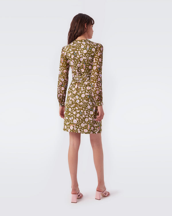 DVF Gala Silk Jersey Mini Wrap Dress in Military Green Fortuna _Back