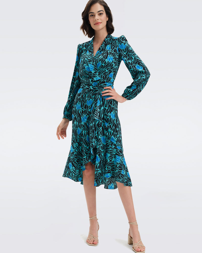 DVF carla two wrap dress in tulips goddess turquoise