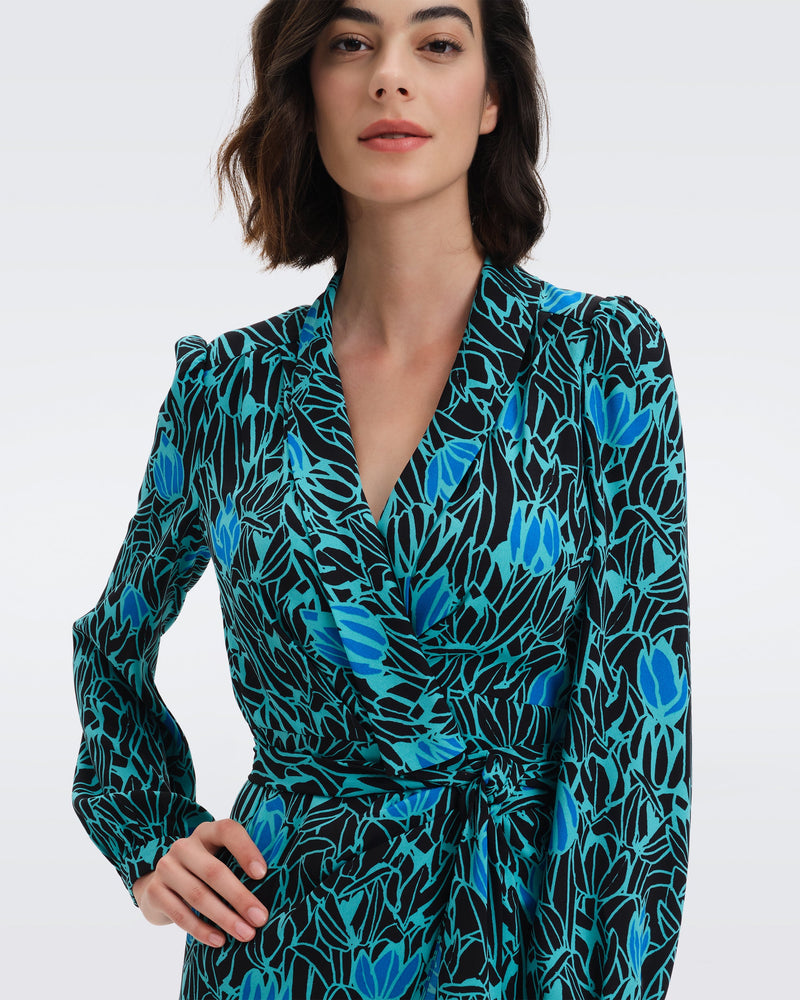 DVF carla two wrap dress in tulips goddess turquoise