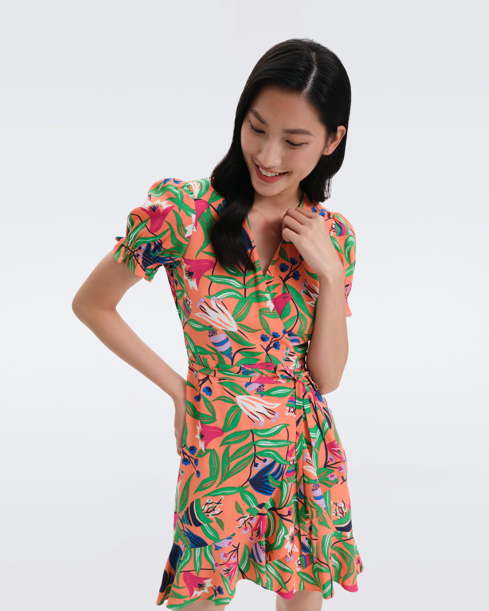 DVF Emilia Crepe Mini Wrap Dress in Fantasia Floral Coral Reef