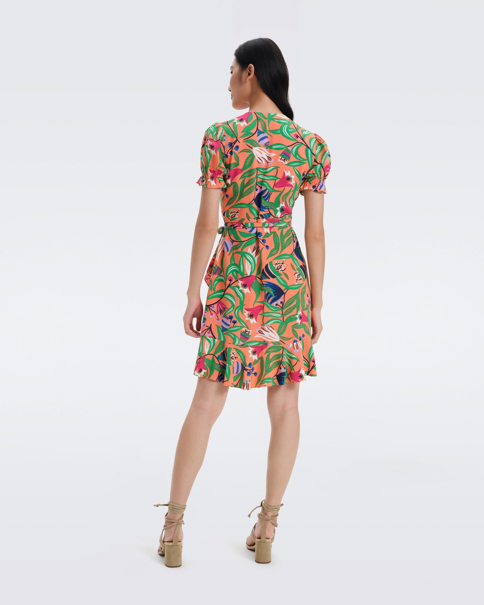 DVF Emilia Crepe Mini Wrap Dress in Fantasia Floral Coral Reef