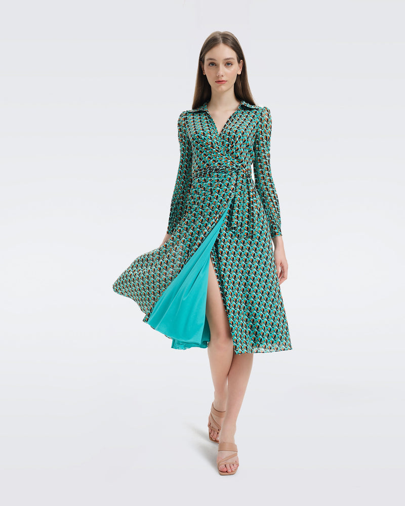 DVF Phoenix Mesh Midi Wrap Dress in Fleurgeo Summer Turquoise