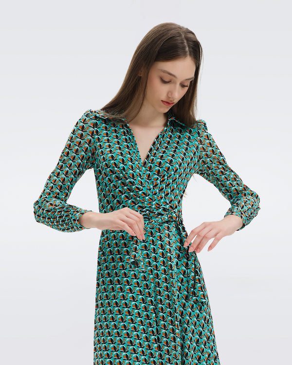 DVF Phoenix Mesh Midi Wrap Dress in Fleurgeo Summer Turquoise