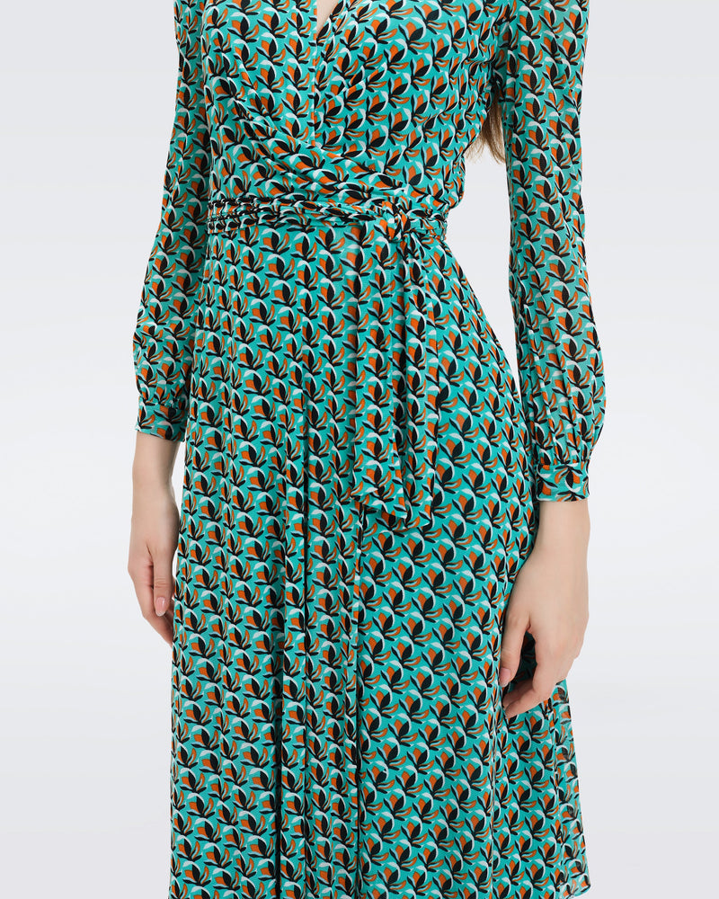 DVF Phoenix Mesh Midi Wrap Dress in Fleurgeo Summer Turquoise