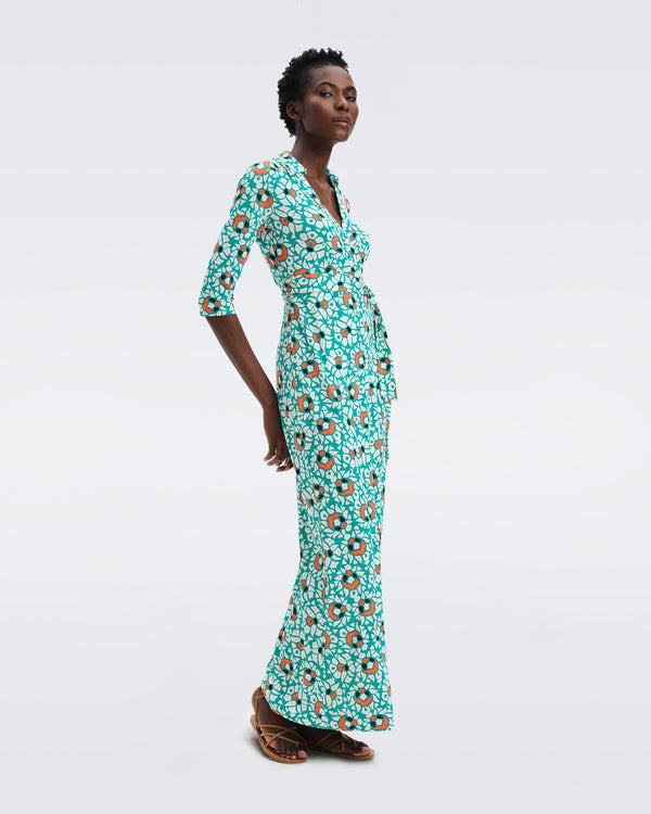 DVF Abigail Silk Jersey Maxi Wrap Dress in Huge Pebbles Summer Turquoise