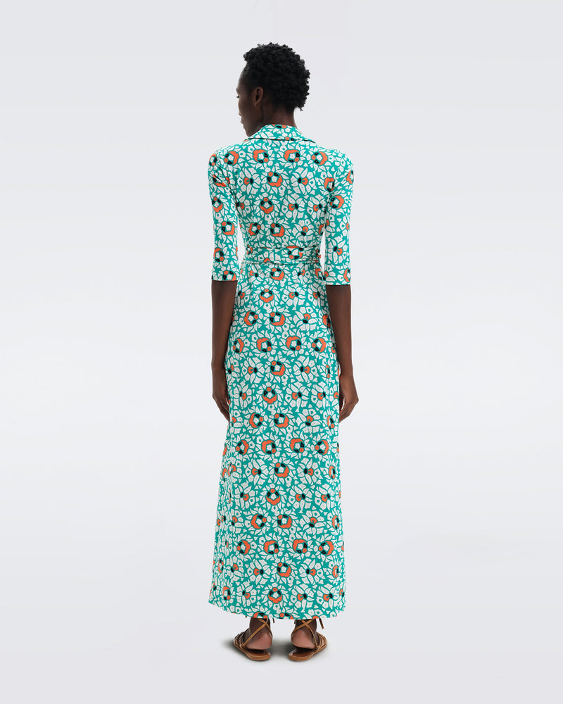 DVF Abigail Silk Jersey Maxi Wrap Dress in Huge Pebbles Summer Turquoise