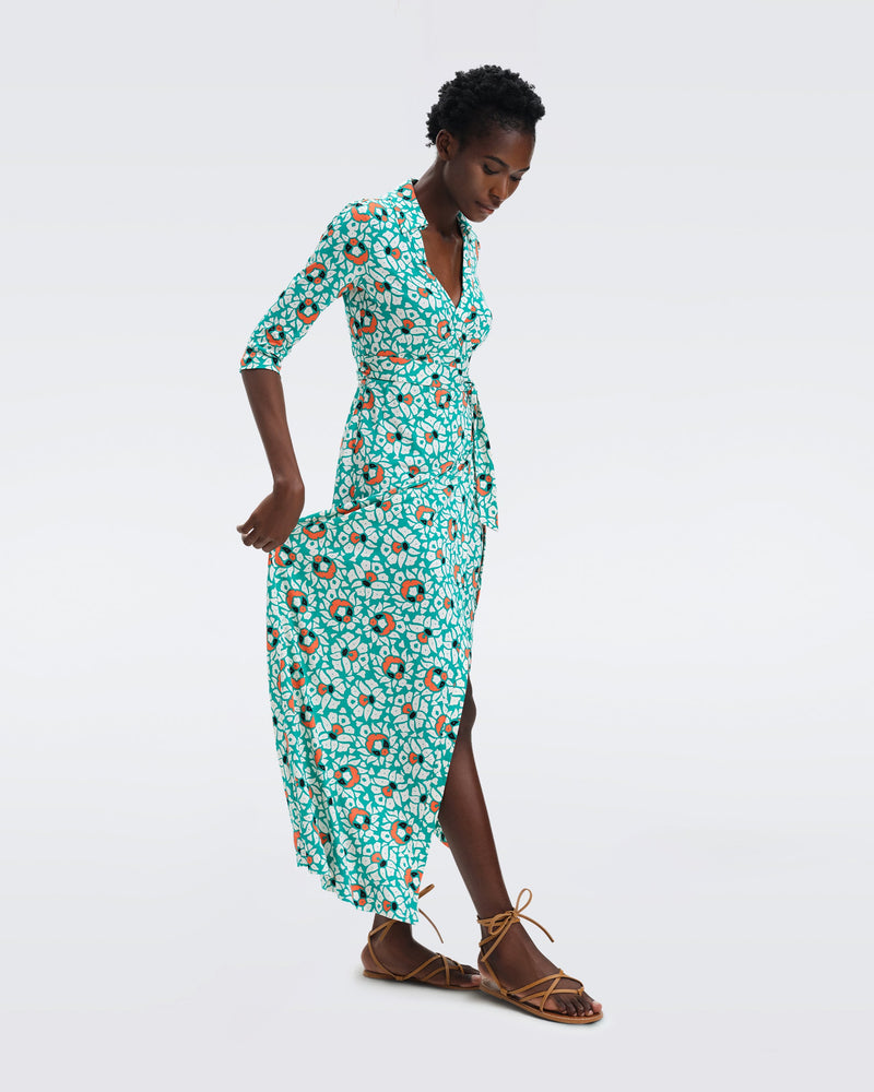 DVF Abigail Silk Jersey Maxi Wrap Dress in Huge Pebbles Summer Turquoise