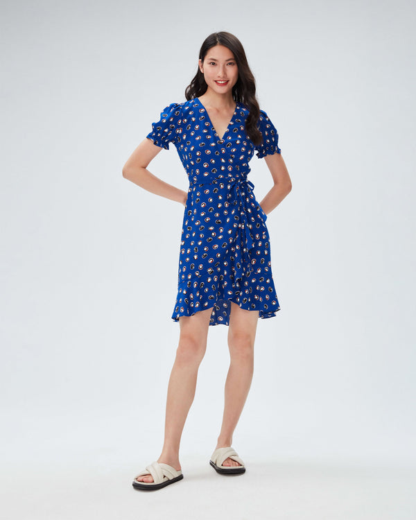 dvf emilia mini dress in paint dots deep indigo