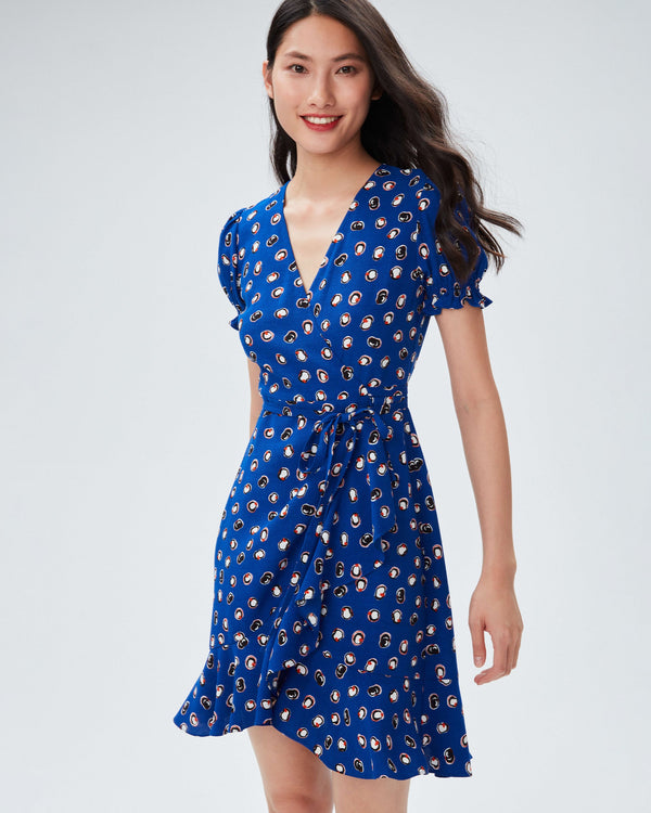 dvf emilia mini dress in paint dots deep indigo