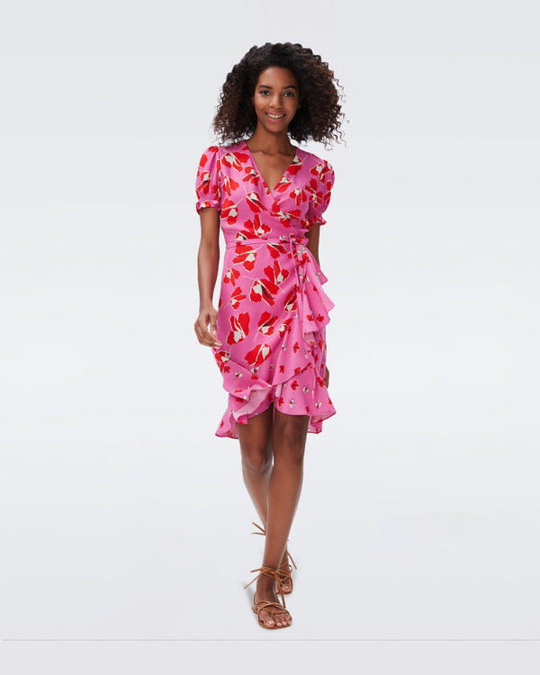 DVF emilia wrap dress in giant and small paper tulip pink