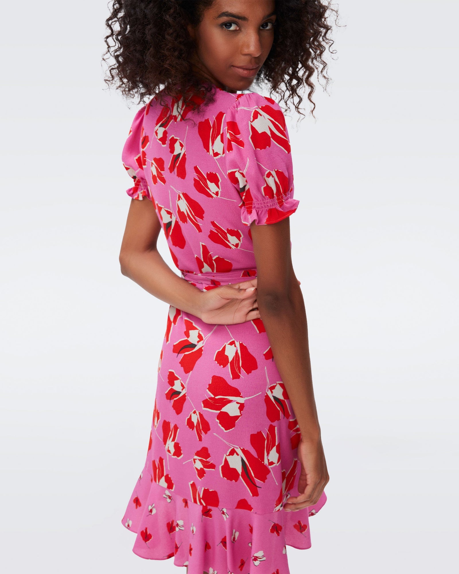 DVF emilia wrap dress in giant and small paper tulip pink