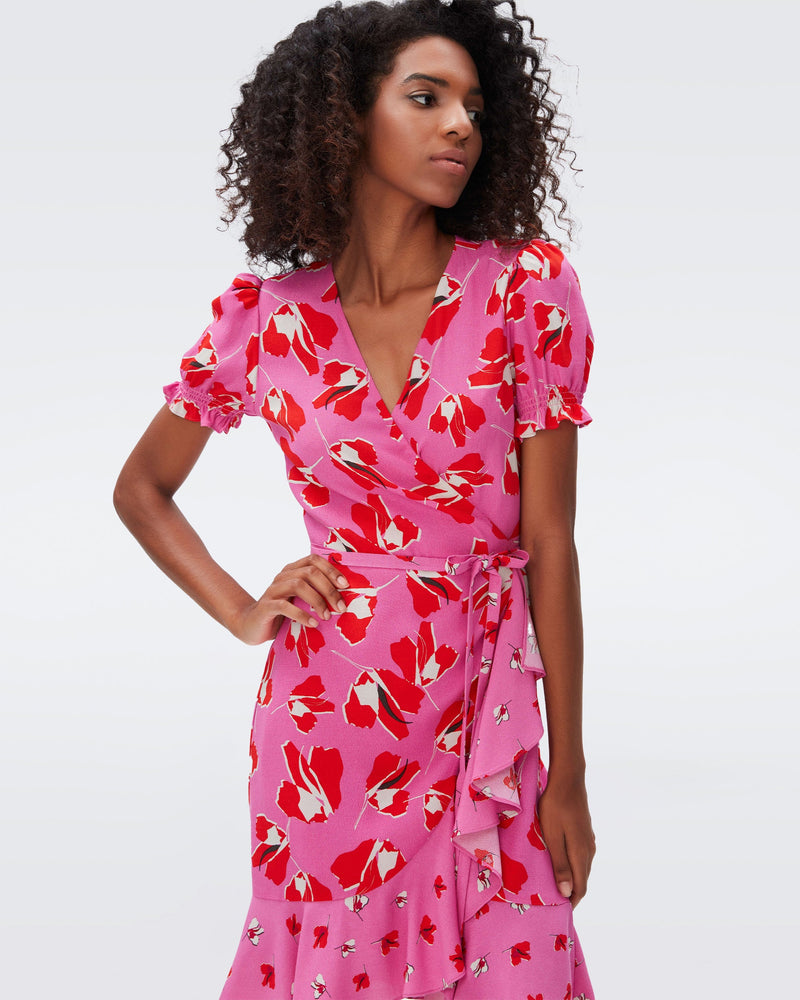 DVF emilia wrap dress in giant and small paper tulip pink
