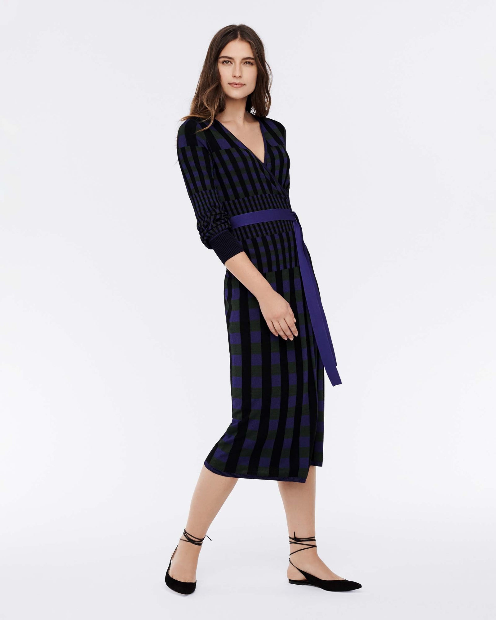 Tracy Ribbed Knit Midi Wrap Dress In Purple Green Gingham