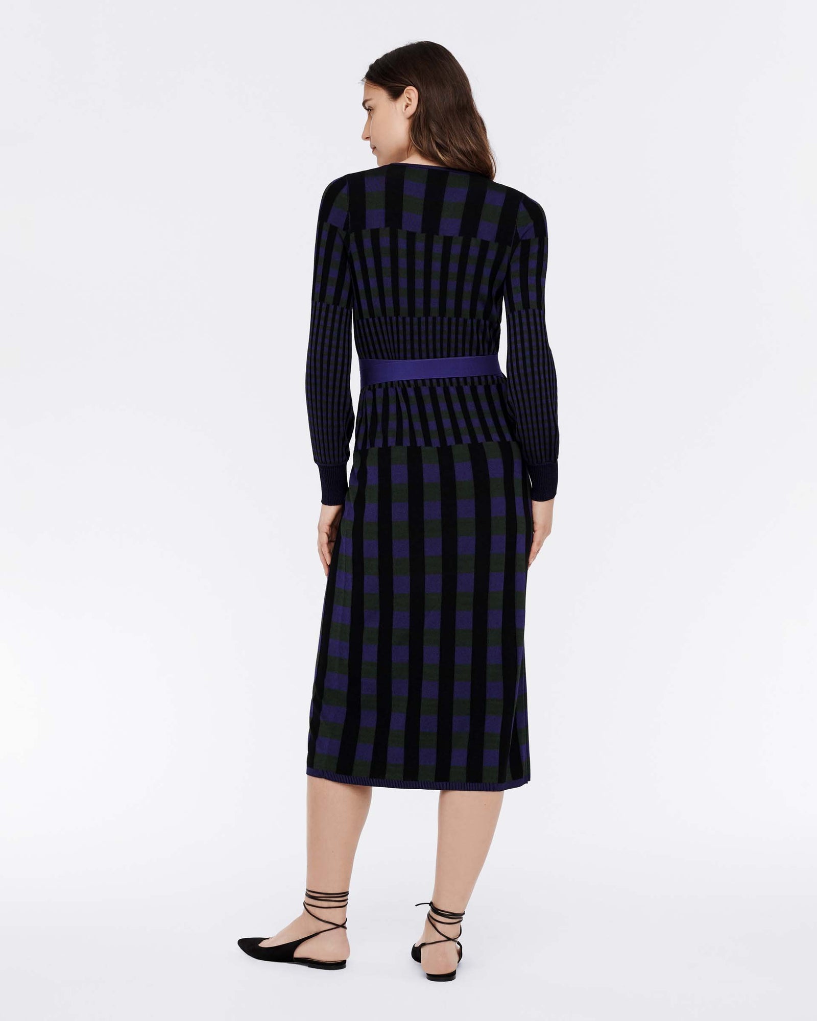Tracy Ribbed Knit Midi Wrap Dress In Purple Green Gingham