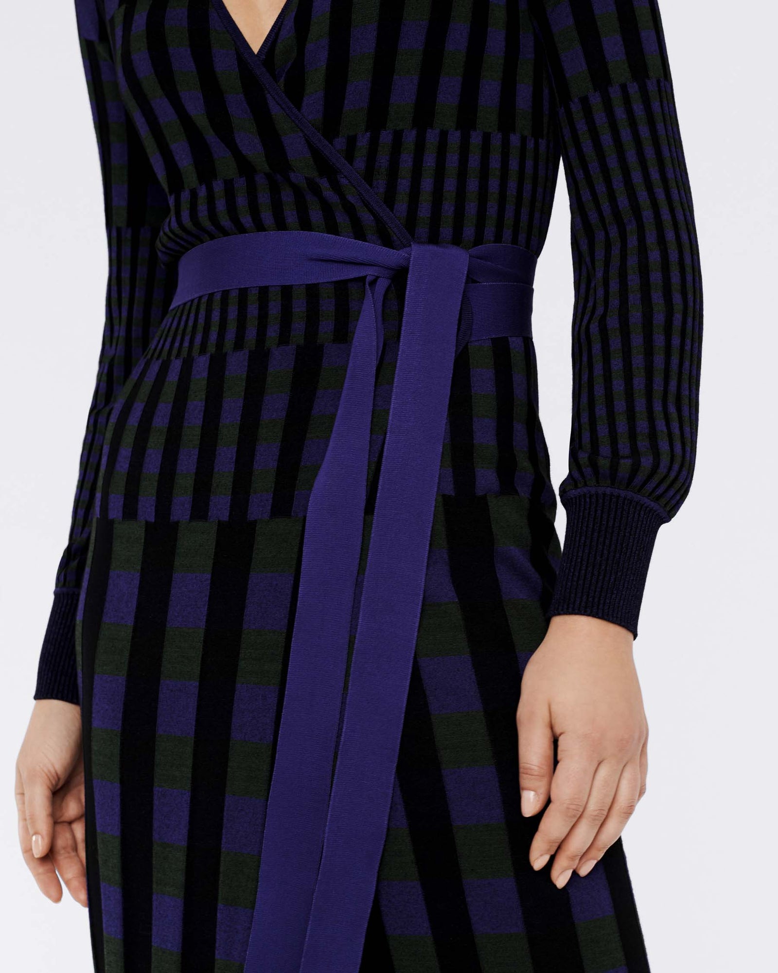 Tracy Ribbed Knit Midi Wrap Dress In Purple Green Gingham