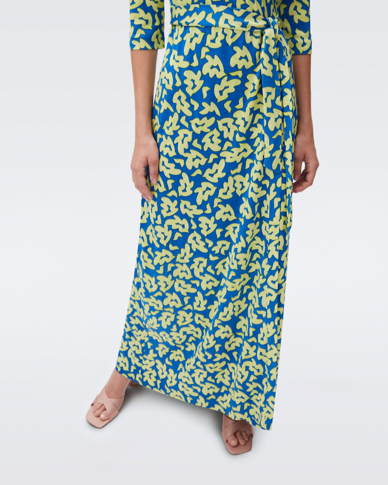 DVF abigail maxi wrap dress in surreal leaves pure blue