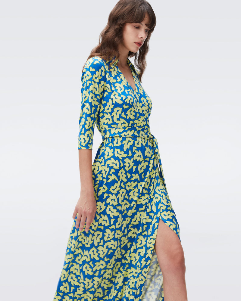 DVF abigail maxi wrap dress in surreal leaves pure blue