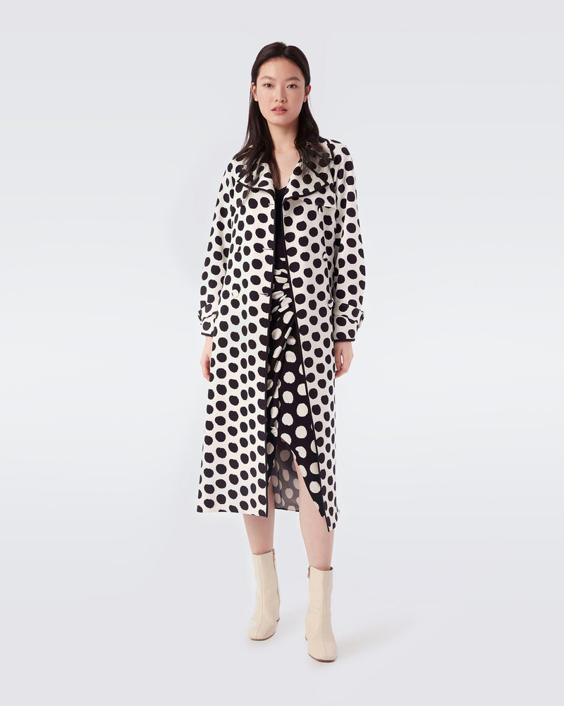 The DVF Eda Heavy Crepe Trench Coat in Ivory Abstract Dot
