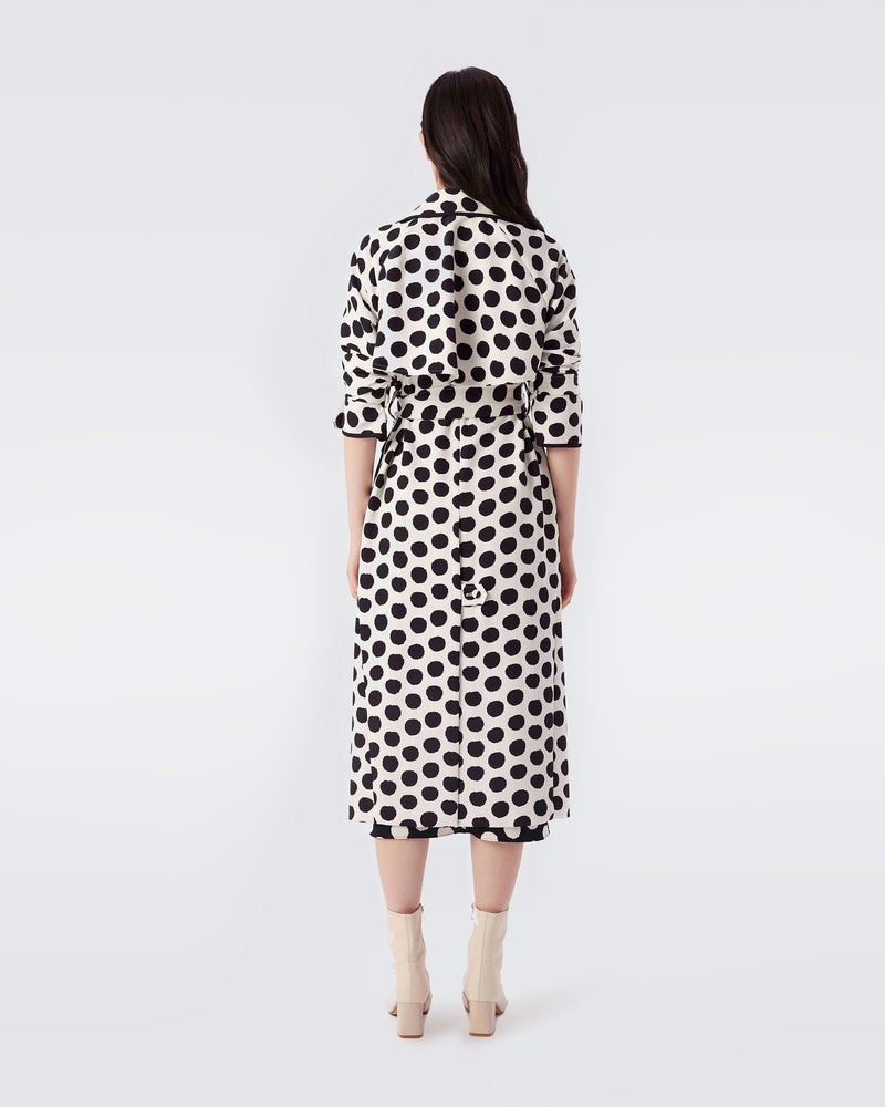 The DVF Eda Heavy Crepe Trench Coat in Ivory Abstract Dot_Back