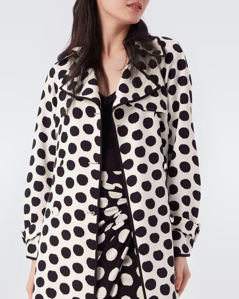 The DVF Eda Heavy Crepe Trench Coat in Ivory Abstract Dot_Front
