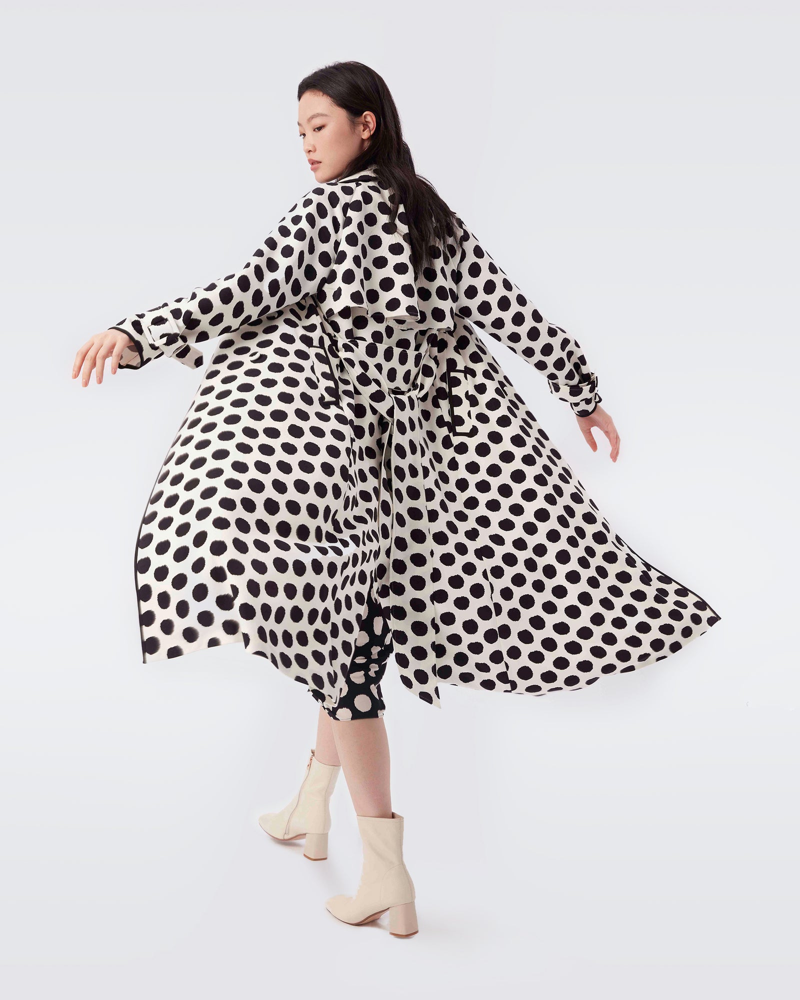 The DVF Eda Heavy Crepe Trench Coat in Ivory Abstract Dot_Back