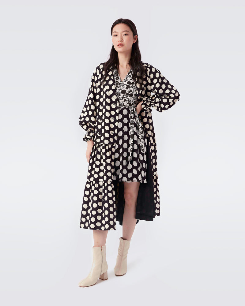 Danica Trench Coat Dress In Black Abstract Dot