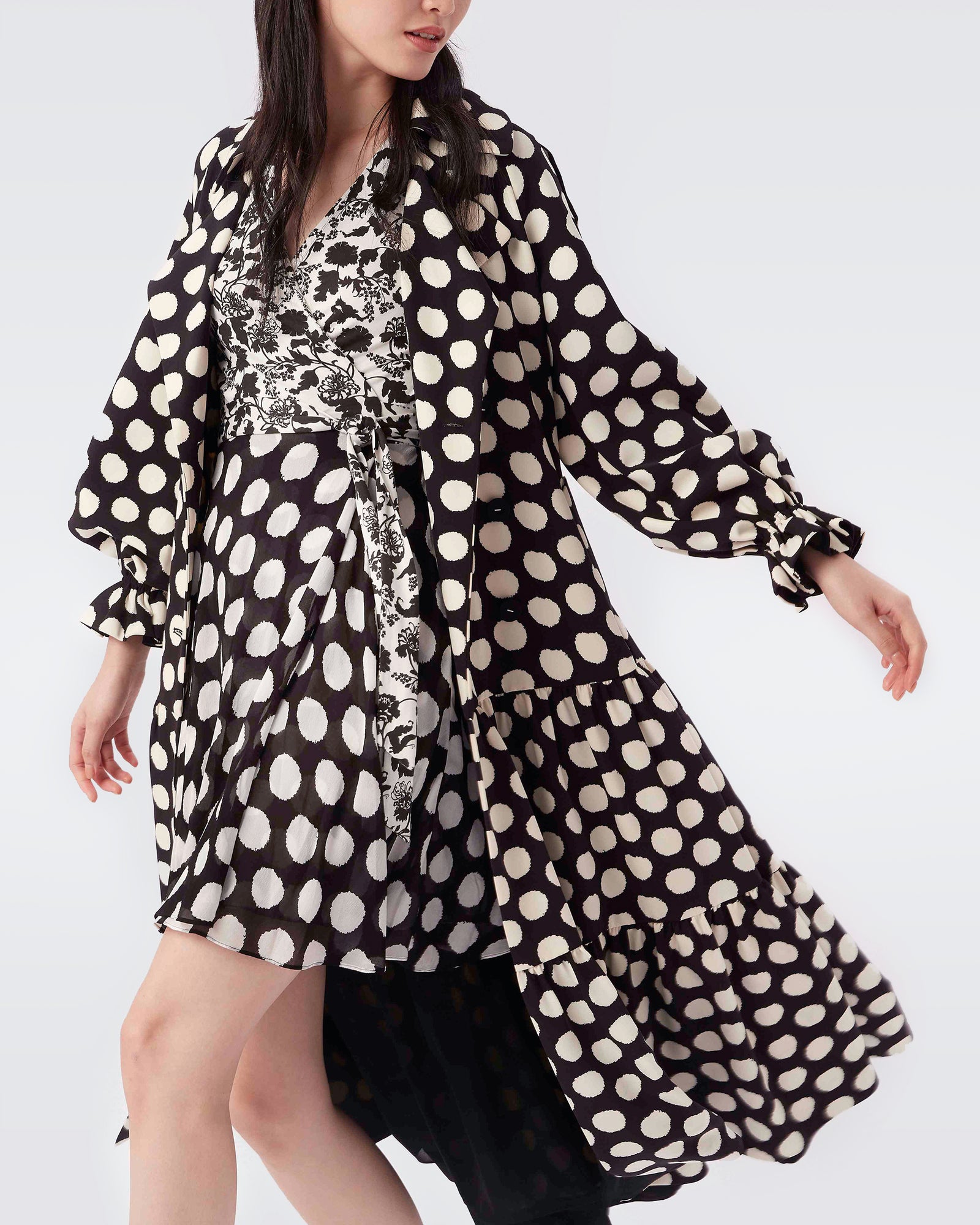 Danica Trench Coat Dress In Black Abstract Dot