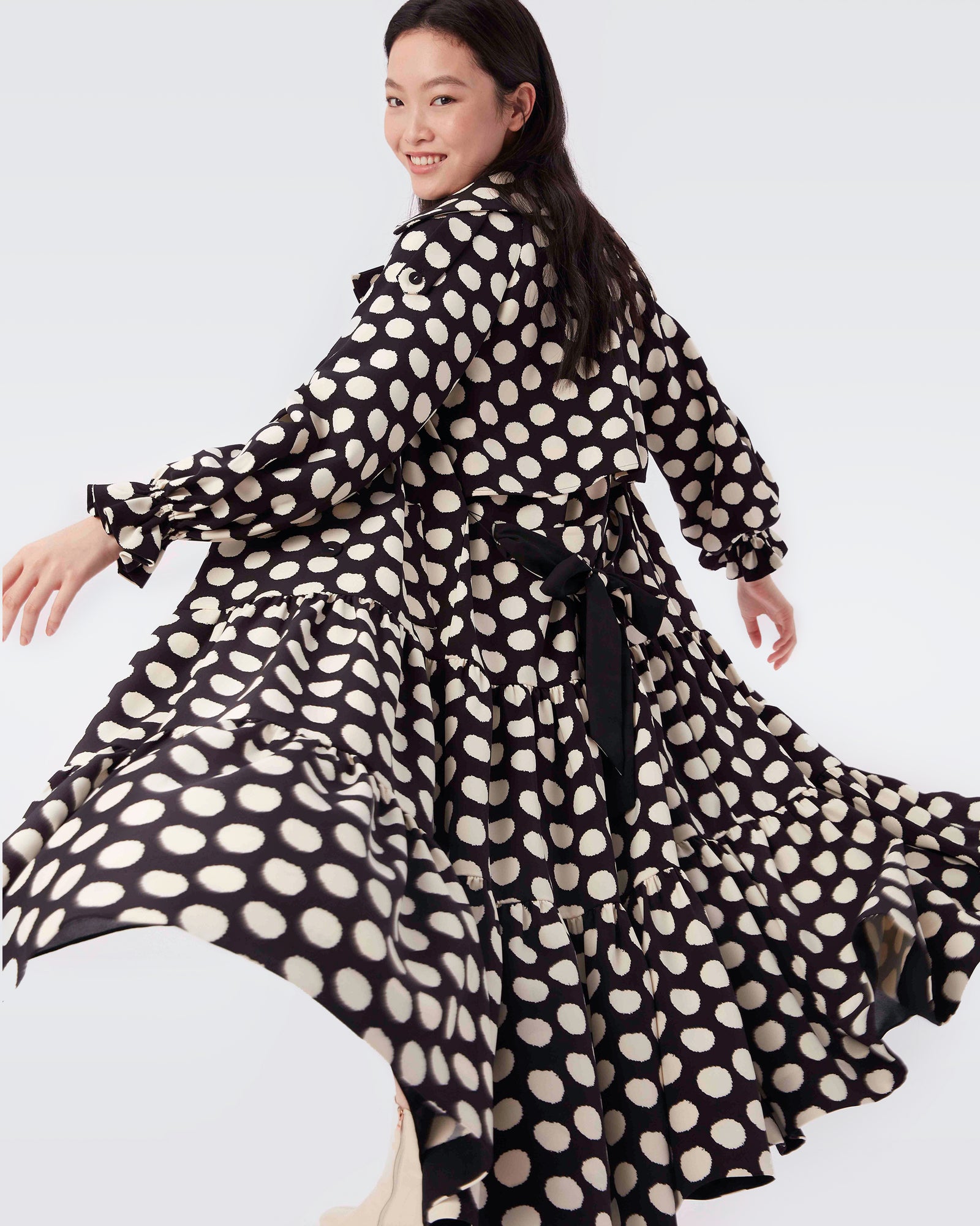 Danica Trench Coat Dress In Black Abstract Dot