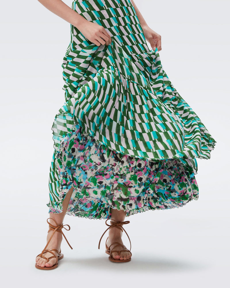 DVF austria reversible mesh skirt in arta geo green and flower bed