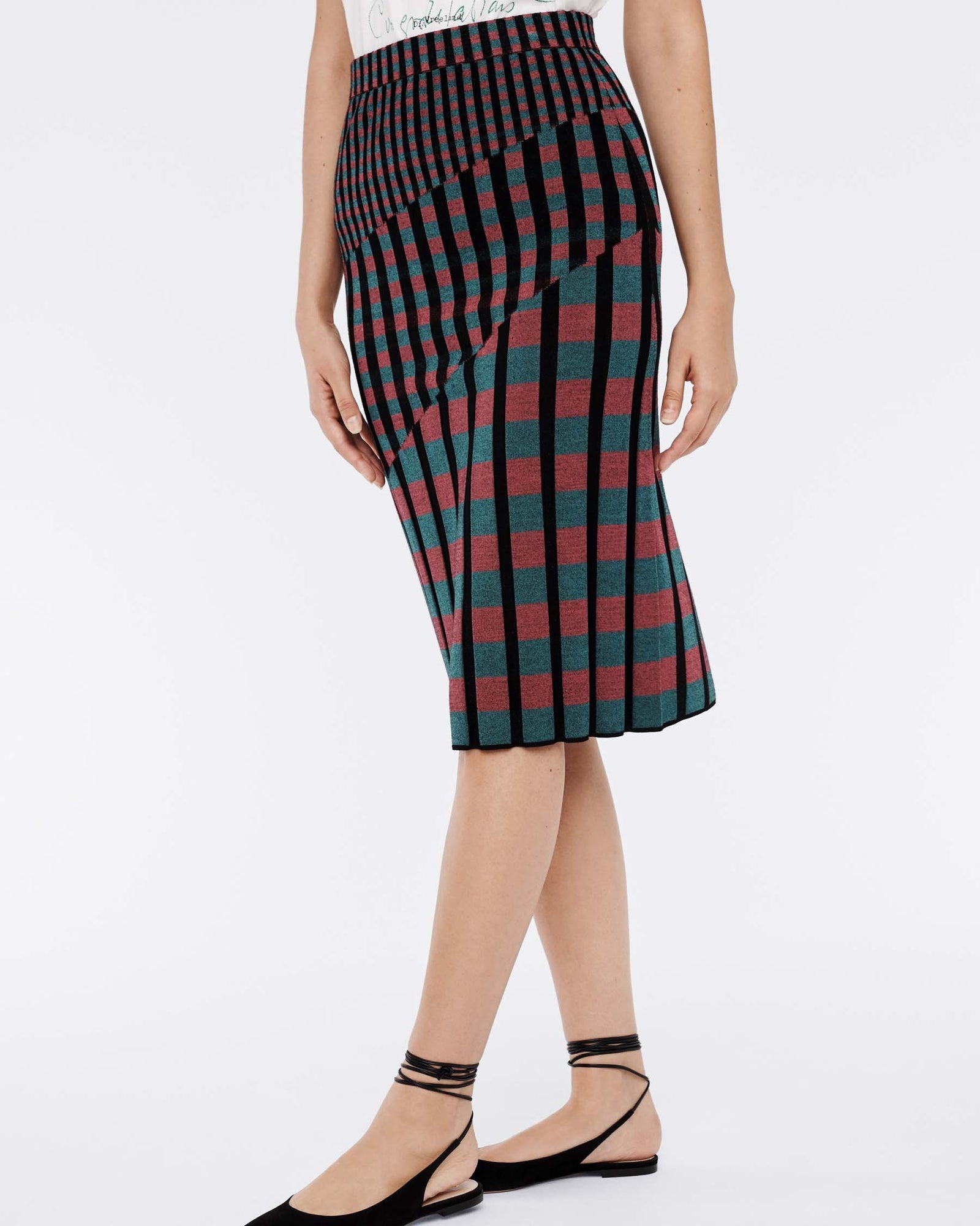 Rosa Ribbed Knit Fitted Skirt In Grape Purple Green Gingham