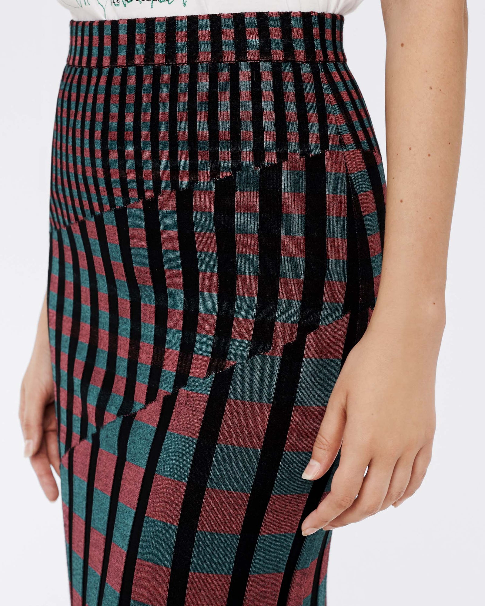 Rosa Ribbed Knit Fitted Skirt In Grape Purple Green Gingham