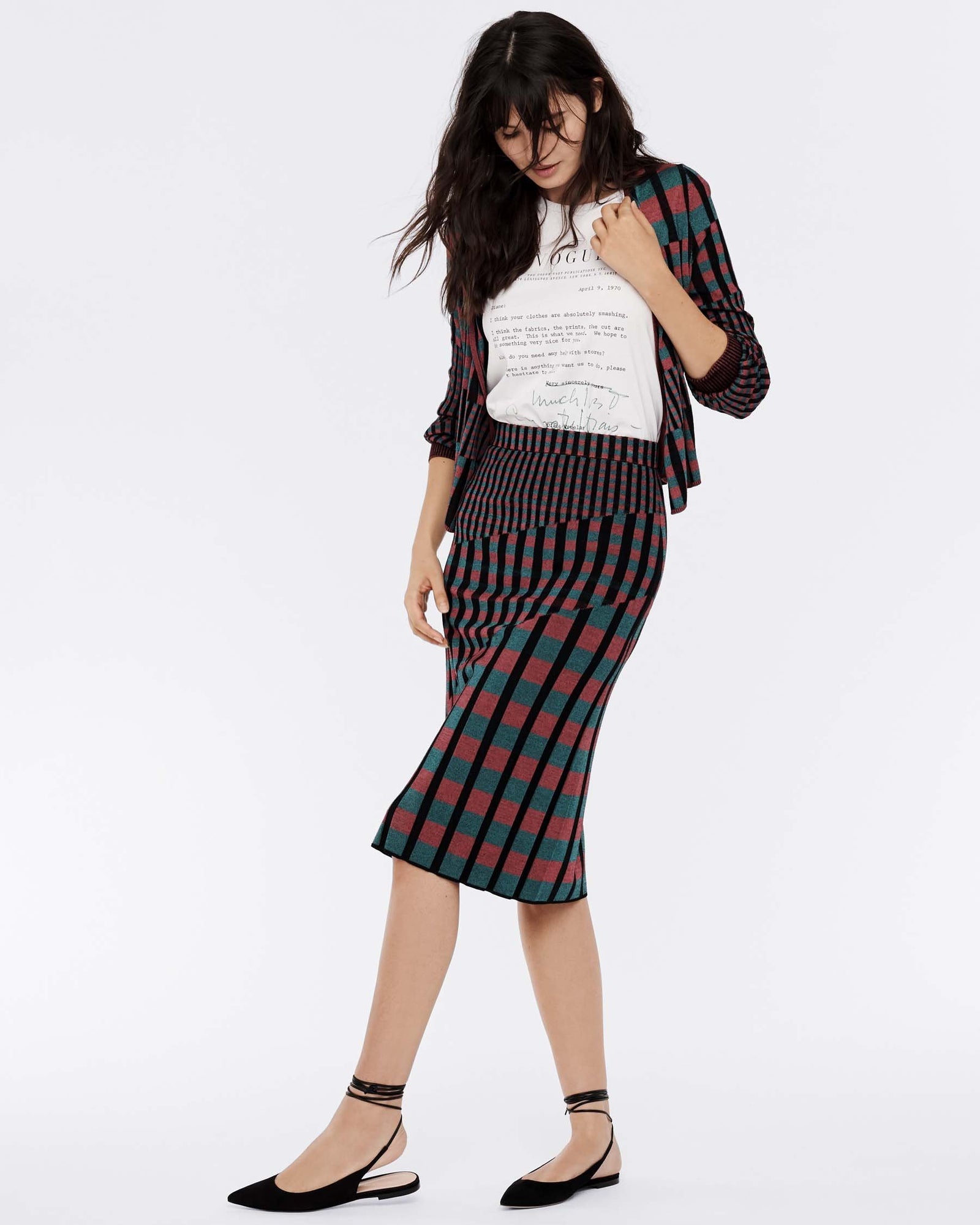 Rosa Ribbed Knit Fitted Skirt In Grape Purple Green Gingham