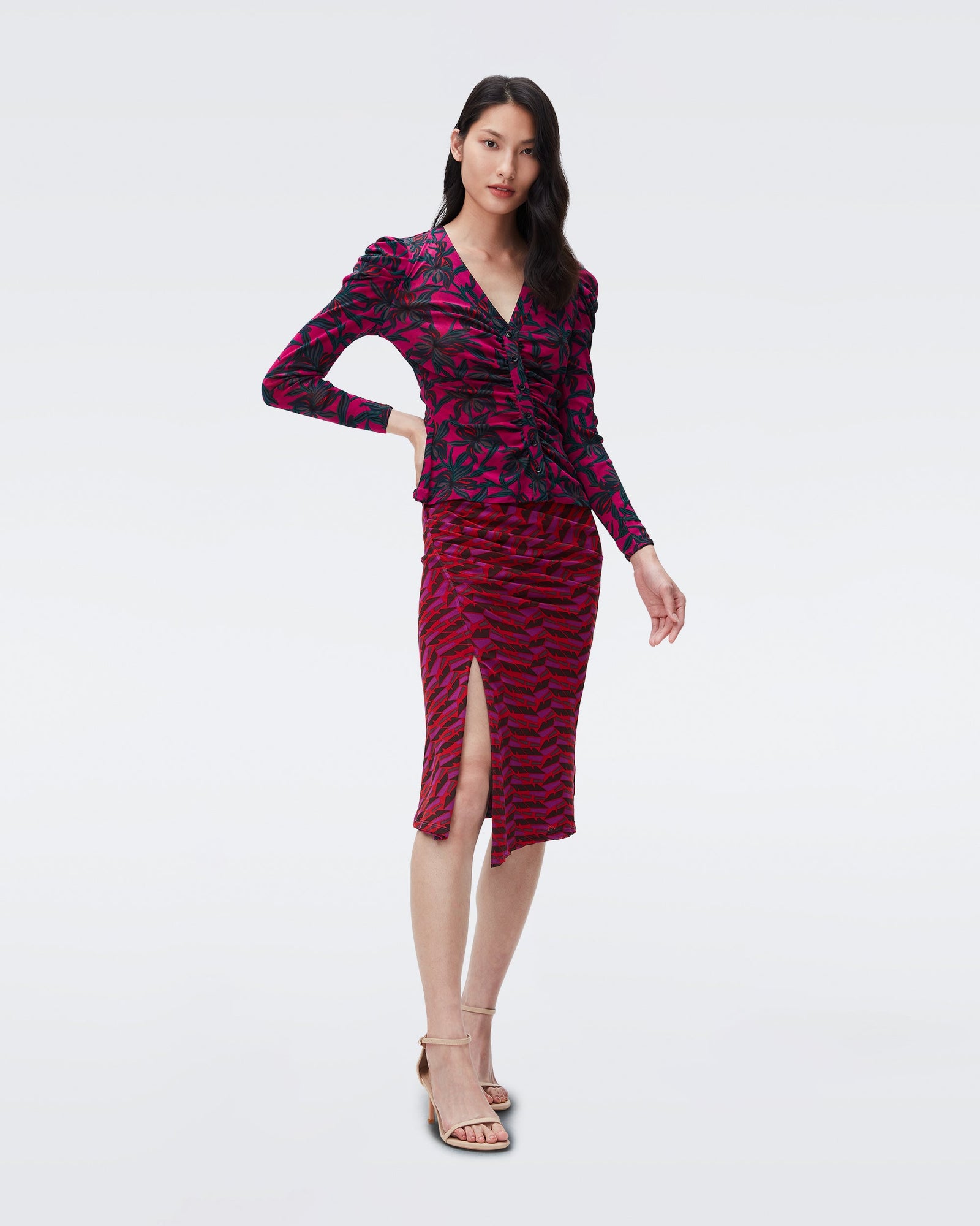 DVF dariella reversible mesh skirt in orchids medium aster zig zag red