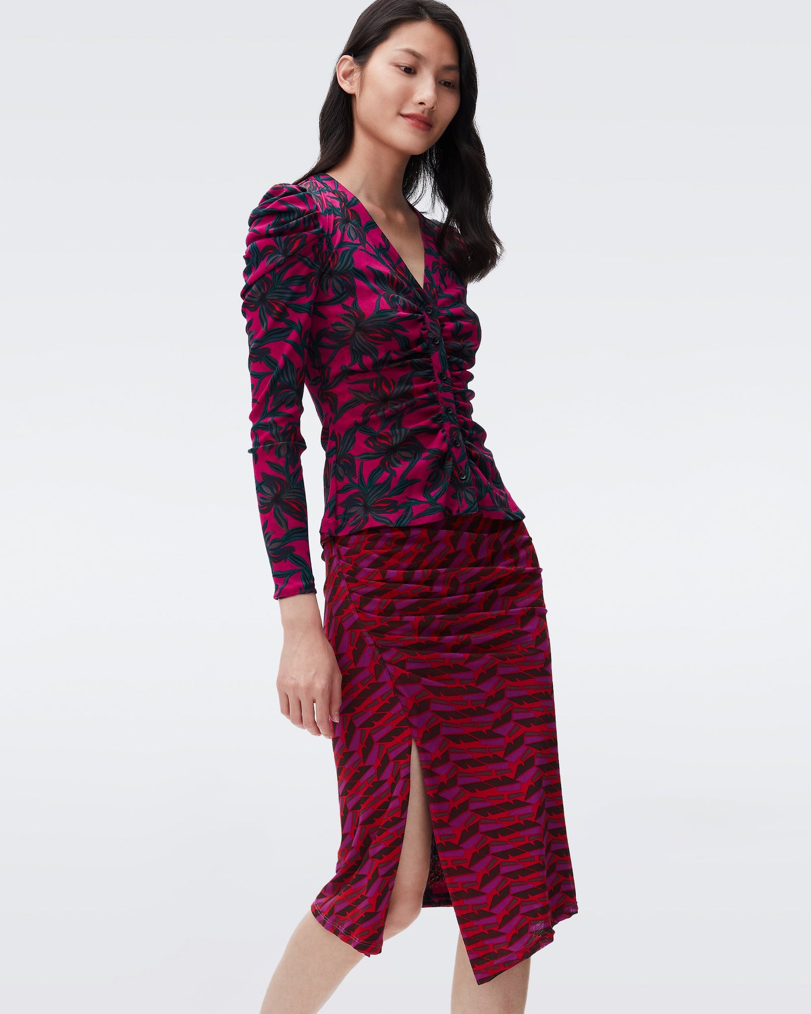 DVF dariella reversible mesh skirt in orchids medium aster zig zag red