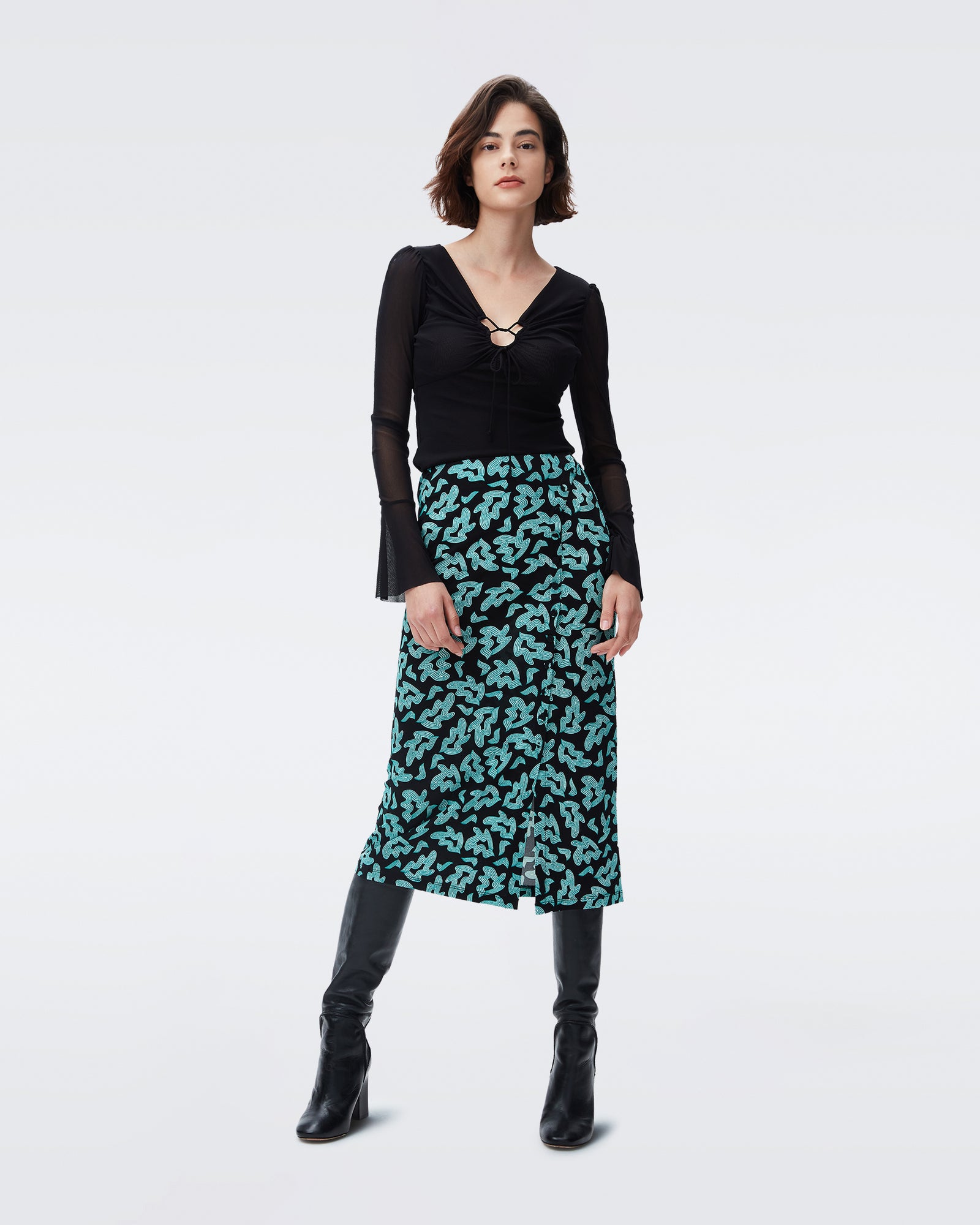 DVF charleston midi skirt in surreal leaves emerald