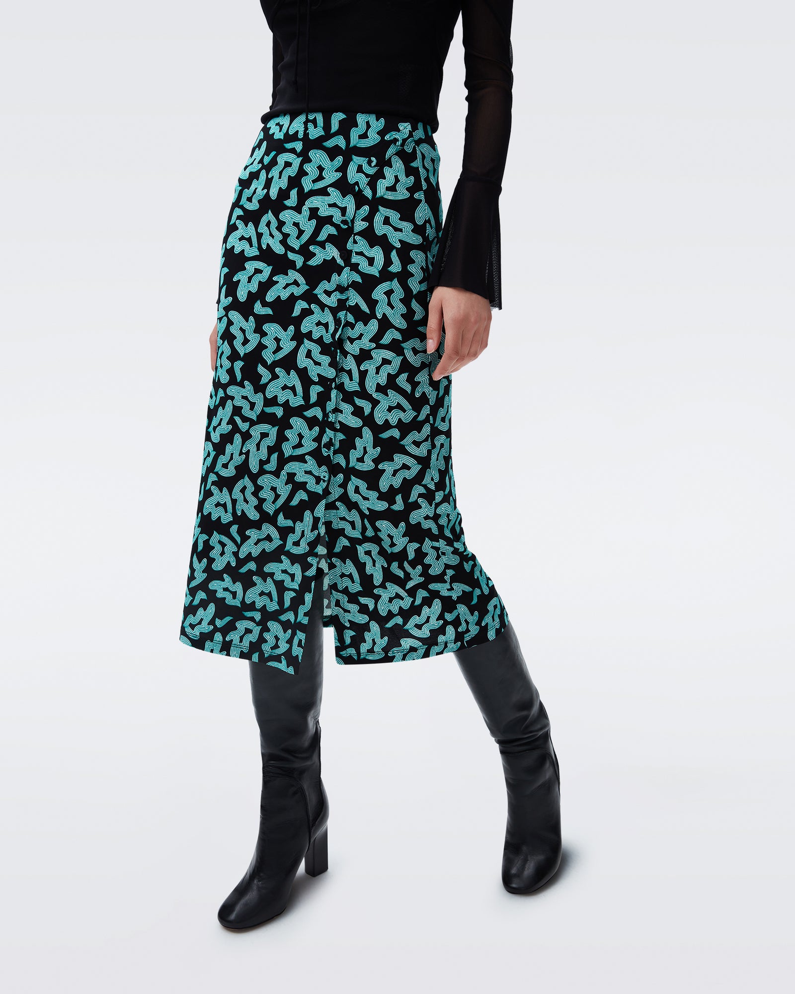 DVF charleston midi skirt in surreal leaves emerald