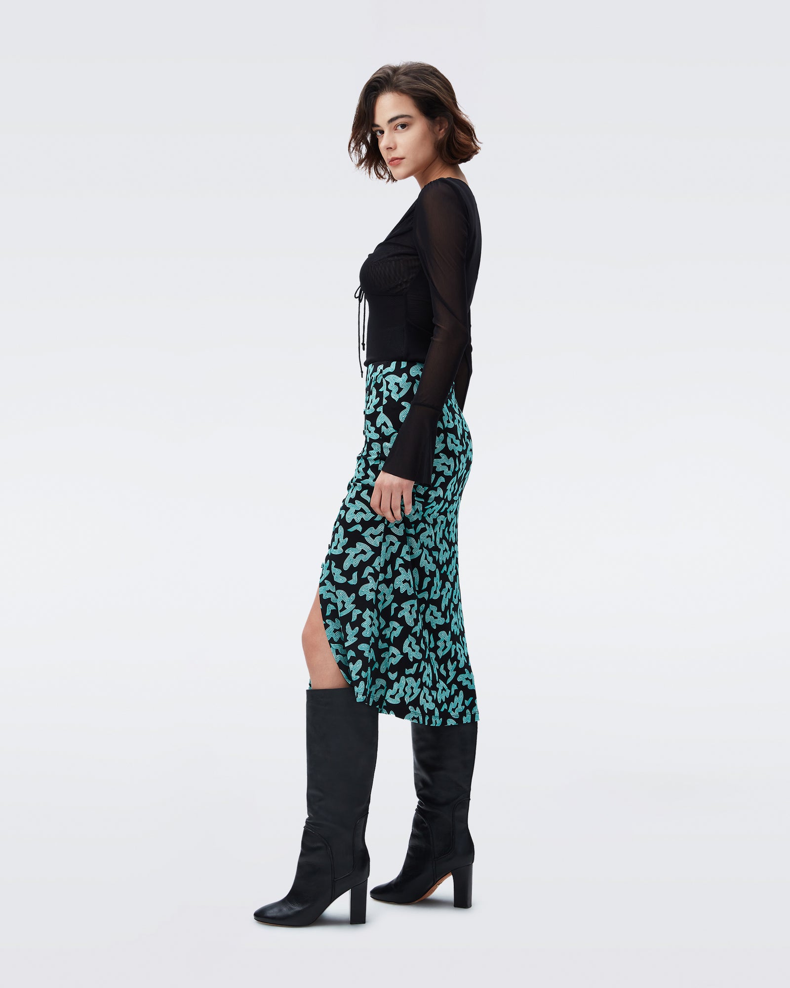DVF charleston midi skirt in surreal leaves emerald