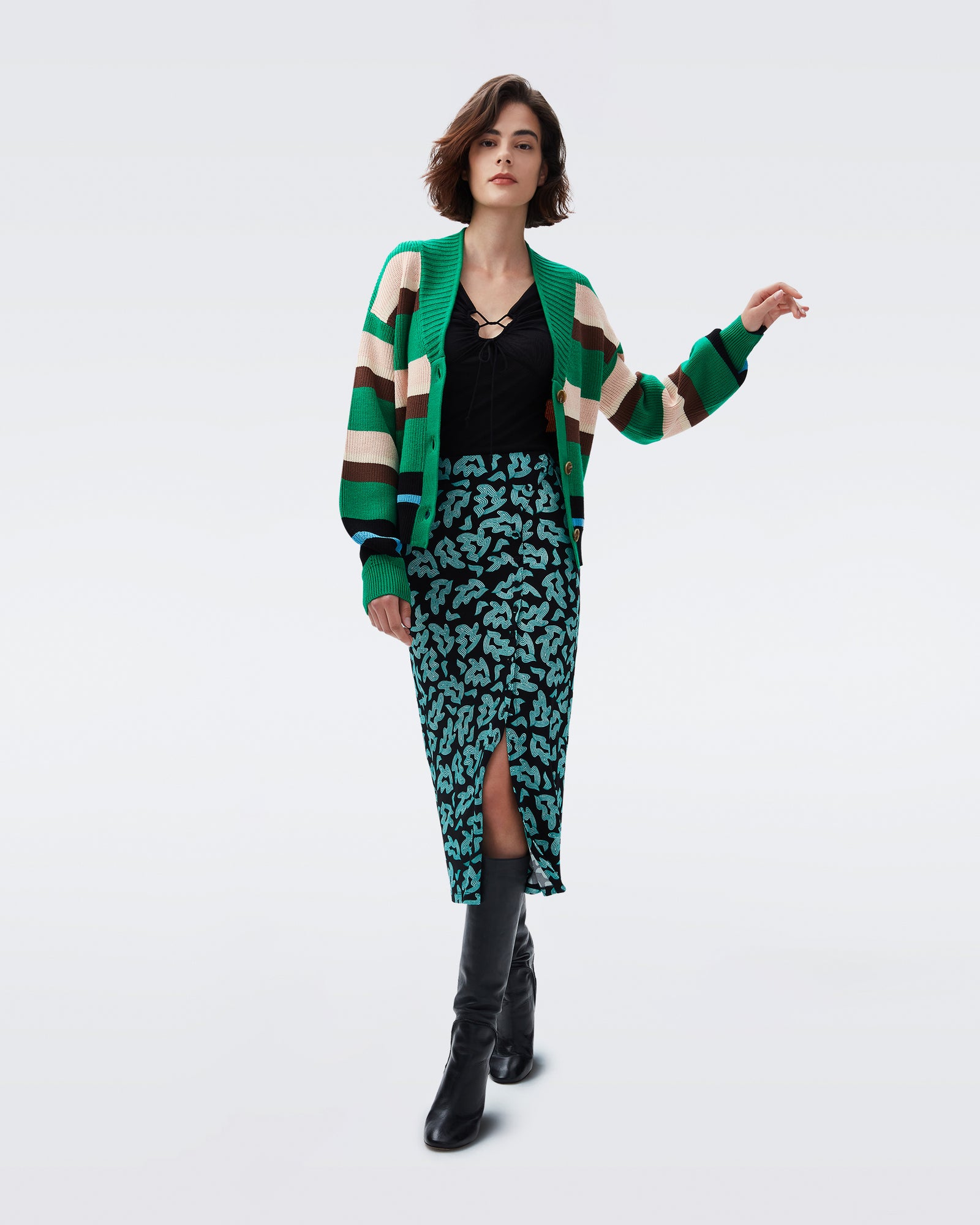 DVF charleston midi skirt in surreal leaves emerald