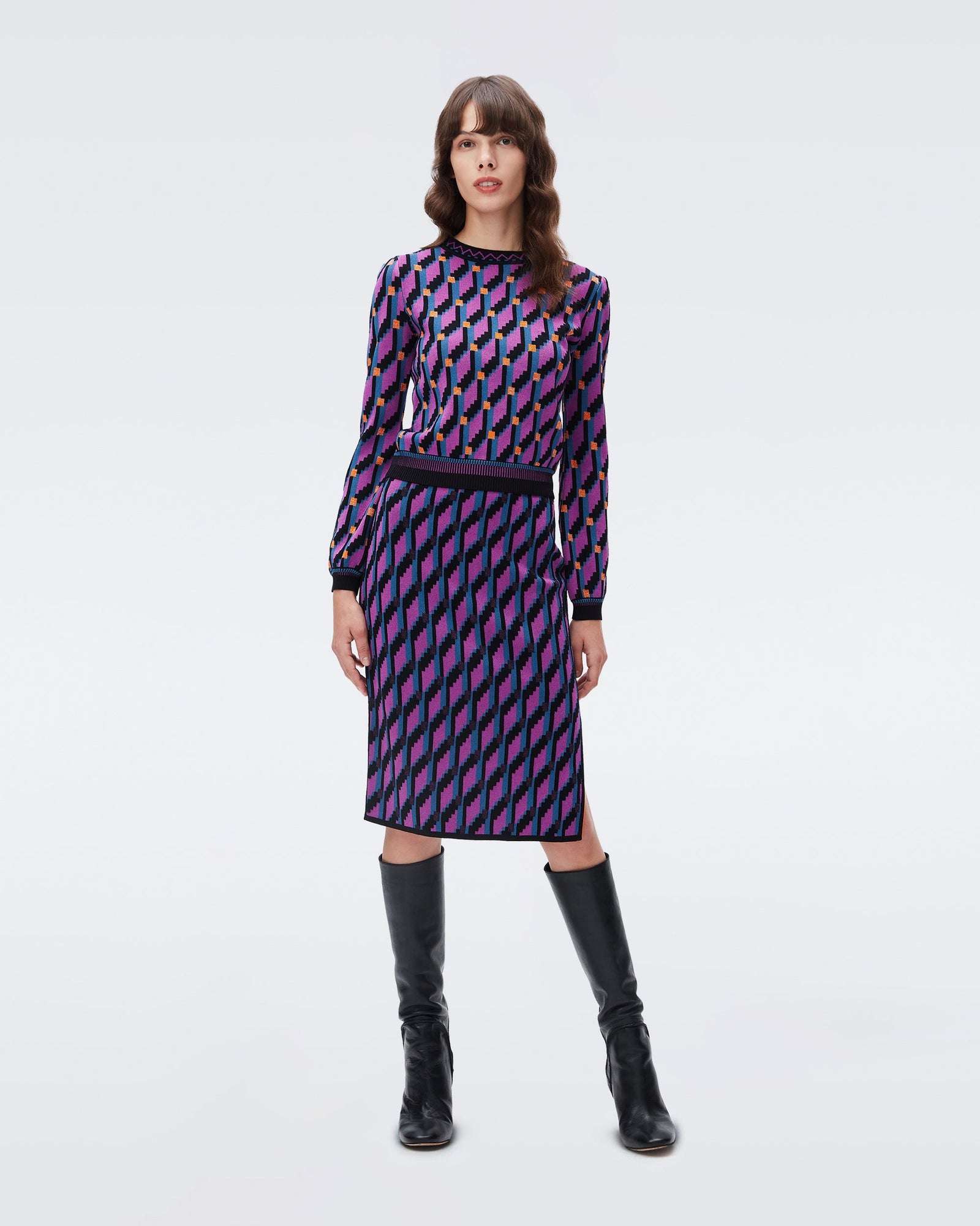 DVF hazel knit jacquard skirt in cube chain medium purple