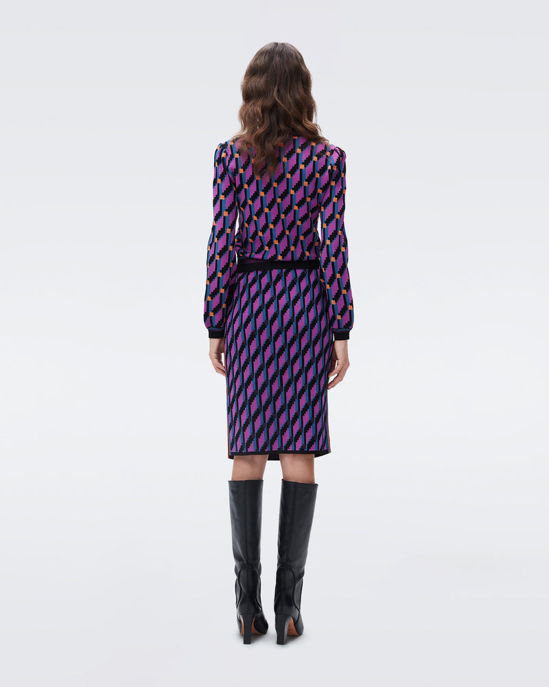 DVF hazel knit jacquard skirt in cube chain medium purple