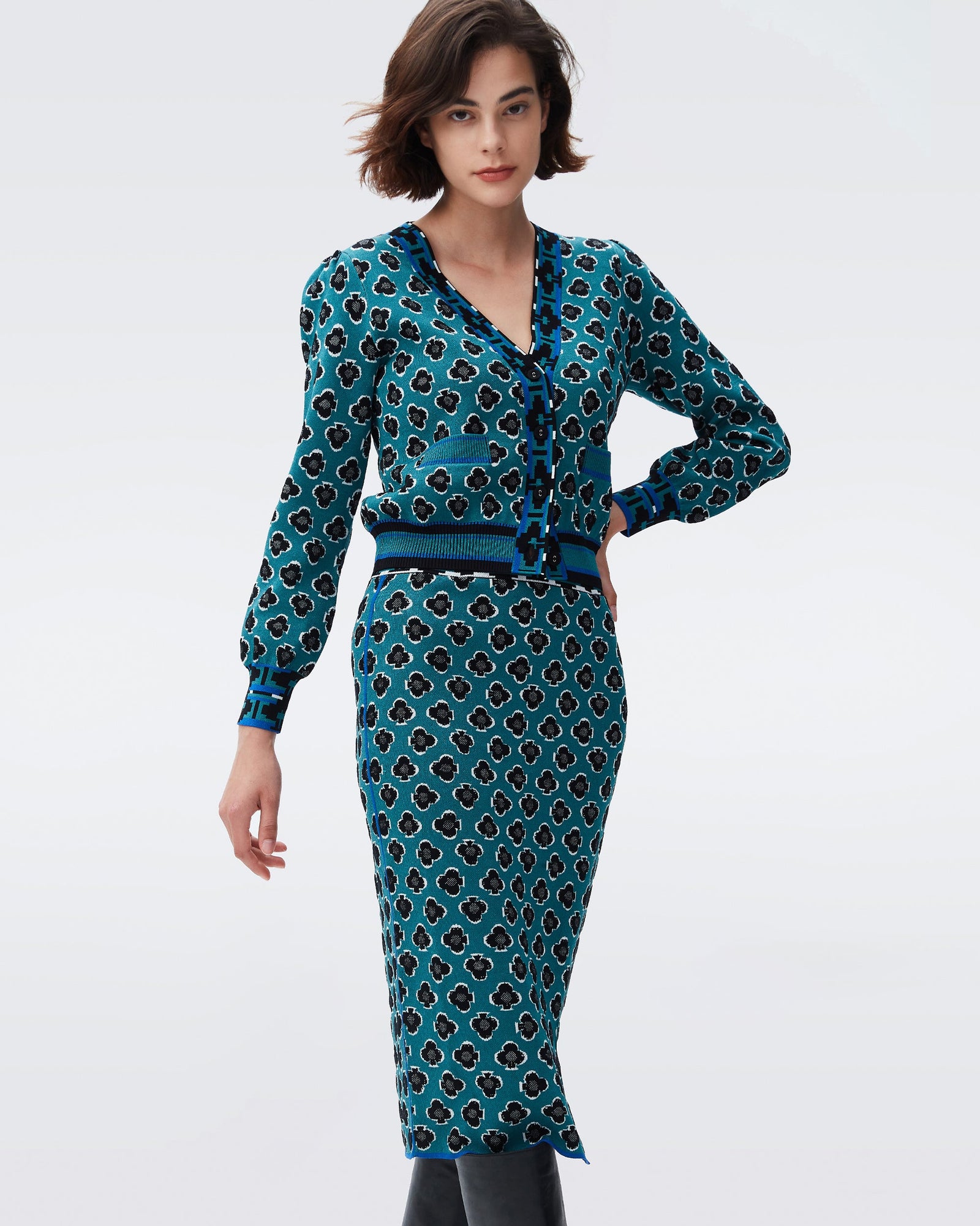 DVF gusta knit skirt in playing cards signature turquoise